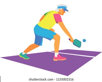 elderly active man is pensioner playing pickleball on a tennis court