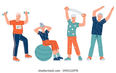 Elderly active people cartoon characters doing sports, flat vector illustration isolated on white background. Active seniors men and women doing sport workout.