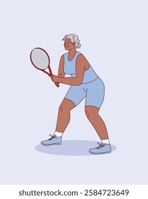 Elderly Active Woman Playing Tennis Holding Racket in Defensive Stance. Senior Lady in Sportswear Practicing Game. Flat Cartoon Vector Illustration Isolated on Light Background.