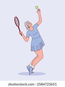 Elderly Active Woman Playing Tennis Holding Racket Hitting Ball. Senior Lady in Sportswear. Flat Cartoon Vector Illustration Isolated on Light Background.