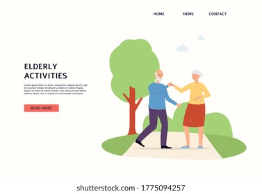 Ältere Aktivitäten Website-Schnittstelle mit tanzendem Seniorenpaar, flache Vektorgrafik auf weißem Hintergrund. Ältere Menschen Freizeit und Aktivität im Rentenalter.