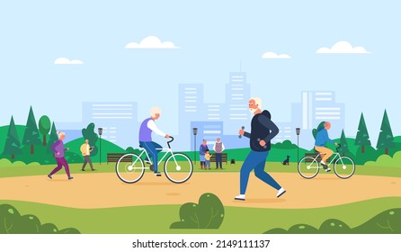 Elderly activity park. Senior people running, elder cyclist on bicycle, older man walking in summer nature, retired athlete lifestyle, fitness jogging, vector illustration. Park lifestyle jogging