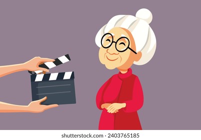 
Elderly Actress Starring in a Korean Drama Vector Cartoon Illustration. Cheerful acting woman feeling happy emotions in a motion picture role
