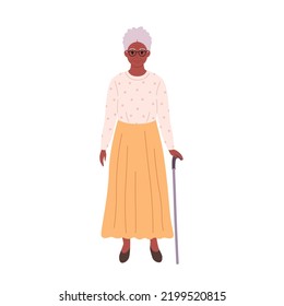 Elderly african american gray-haired woman in eyewear and stylish cloth with cane. Smiling senior granny in modern outfit. Retired woman. Hand drawn vector illustration