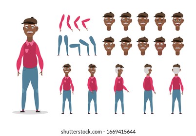 Elderly African American man character constructor for animation with various views, poses, gestures, hairstyles and emotions. Cartoon old man, grandpa parts of body ready to use poses. Vector