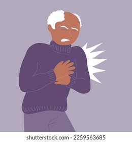 Elderly african american man with heart pain. Acute attack of myocardial infarction or angina pectoris. Heart disease. Flat vector illustration