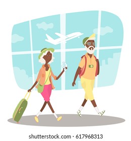 Elderly African American man and woman in airport.Black senior age couple with luggage.Flat vector illustration of vacation.Third age tourists in hat with bag.Grandparents ready for summer holiday.