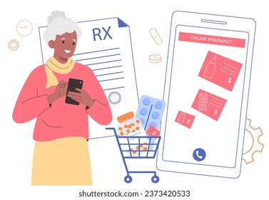 Elderly african american woman buying medicines, medicaments and drugs online.