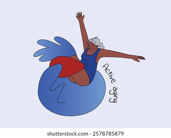 Elderly African American Woman with Gray Hair Balancing on a Surfboard. Concept of Active Aging Wellness and Joy. Flat Vector Illustration