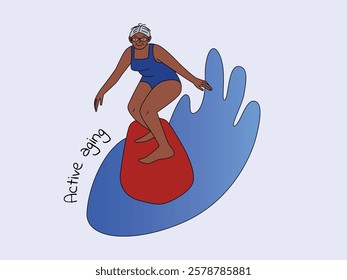 Elderly African American Woman with Gray Hair Surfing on a Board. Concept of Active Aging and Healthy Lifestyle. Flat Vector Illustration