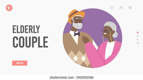 Elderly African Couple Landing Page Template. Senior Married Old Characters Holding Hands Stand Together. People Family Love, Sparetime. Old Man and Woman Loving Relations. Cartoon Vector Illustration