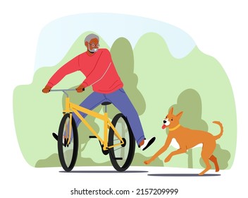 Elderly African Male Character Riding Bicycle With Dog at City Park. Happy Smiling Mature Man Spending Time Together Having Outdoor Activity with Pet. Cartoon People Vector Illustration