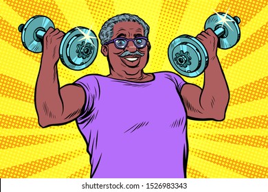 Elderly African Man Lifts Dumbbells, Fitness Sport. Pop Art Retro Vector Illustration Drawing Vintage Kitsch