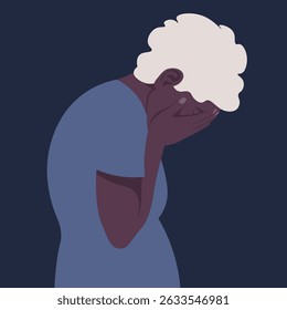 Elderly African woman in despair. Depression and stress. Grandma is crying. Portrait in profile. Side view. Vector illustration in flat style