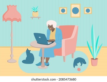 Elderly african woman, grandmother with computer, laptop and cats sitting in chair at home. Vector illustration