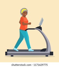 Elderly afro american woman running on treadmill isolated. Vector flat style illustration. 