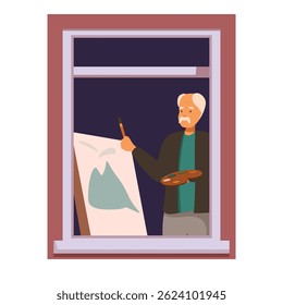 Elderly artist holding brush and palette with colorful paints drawing picture on easel