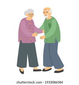 Elderly asian couple. Old man and woman ready to hug. Cartoon flat design illustration. Happy family. Vector picture isolated on white background.