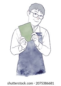 Elderly Asian male bookstore clerk recommending a book. Watercolor and ink hand-drawn illustration of upper body. Glasses, shirt and apron