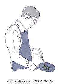 Elderly Asian man cooking with a frying pan. Watercolor and ink hand drawn illustration of upper body. Shirt, apron and glasses