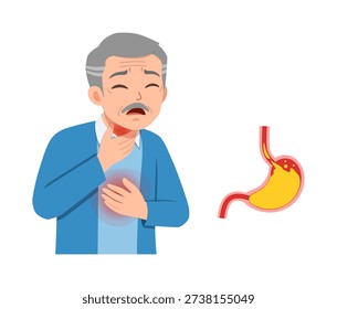 Elderly Asian man with pained expression experiencing acid reflux and heartburn holding chest and throat