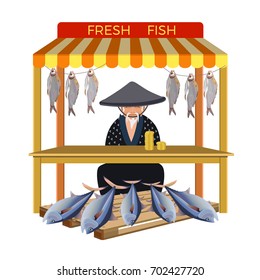 Elderly asian man selling fresh fish