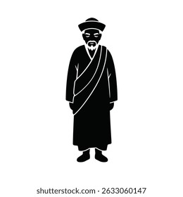 Elderly asian man traditional clothing robe hat.