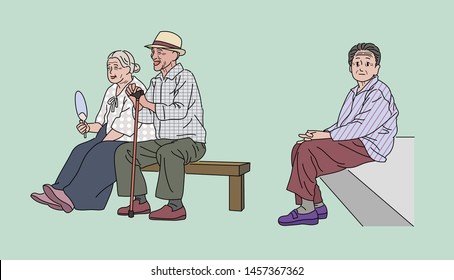 An elderly Asian man and woman are sitting on a bench and resting. hand drawn style vector design illustrations. 