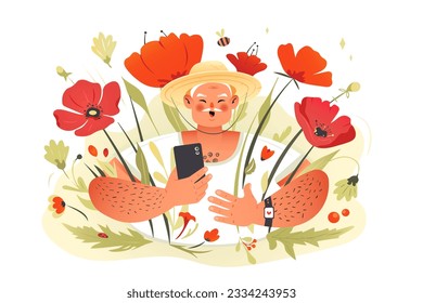 Elderly asian tourist take selfie among red poppy flowers field. Old white haired chinese farmer and poppy seed harvest. Summer. Cute vector pensioner man. Isolated on white.
