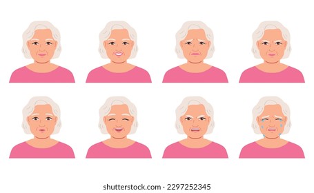 Elderly asian woman avatar set.Different emotions. Cartoon vector illustration