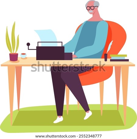 Elderly author typing on vintage typewriter in cozy home office, fully immersed in creative writing process