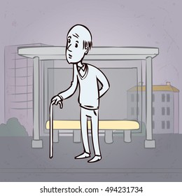 Elderly bald man. Hand drawn cartoon vector illustration.