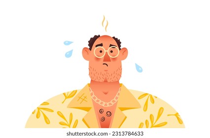 Elderly bald man with sunburn redness skin after tanning without spf sunscreen cream. Sun protection concept. Hawaiian flowers shirt. Cute flat vector. Isolated.