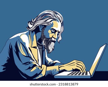 Elderly Beard Man Using Laptop At Workplace And Blue Background.