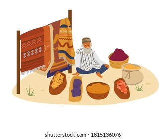 Elderly Bearded Arabic Seller Of Carpets, Spices, Dried Fruits And Nuts Sitting On Sand. Middle Eastern Character. Flat Vector Illustration.