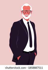 An elderly bearded man holds his hands in his pants pockets. A stylish self confident businessman. An experienced politician smiles. Vector flat illustration