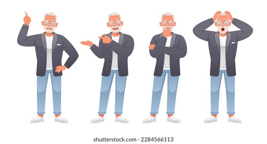 An elderly bearded man in a panic holds his hands behind his head, thinks about something, points to something. Grandpa in full growth character set. An old white man with gray hair in glasses