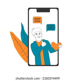 Elderly bearded man puts likes, shows class gesture, leaves comments on social media, chatting with support using smartphone. Happy granparent online communicate, feedback, dating vector illustration.