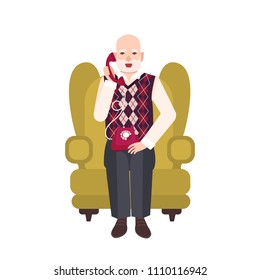 Elderly bearded man sitting in comfortable armchair and talking on phone. Portrait of grandfather at home. Smiling male flat cartoon character isolated on white background. Vector illustration