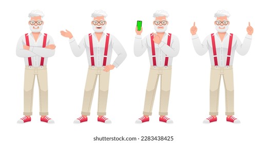 An elderly bearded man stands with his arms crossed, pointing at something, with a smartphone in his hand. An old white man with gray hair and glasses is standing in different poses. Grandfather