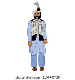 Elderly bearded man wearing the national dress of Pakistan. Shalwar kameez and Sherwani, old man portrait vector illustration