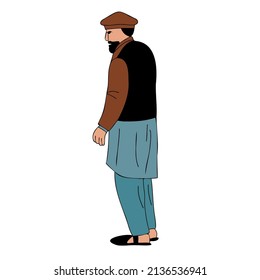 Elderly bearded man wearing the national dress of Pakistan. Shalwar kameez and Sherwani, old man side view portrait vector illustration