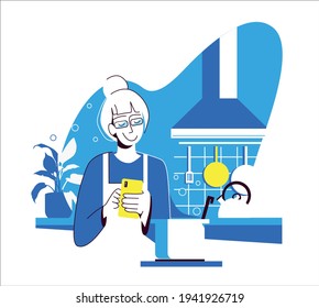 An elderly beautiful lady in an apron in the kitchen uses a smartphone to write or view recipes. Vector flat illustration isolated on white background. Blue and yellow colors.