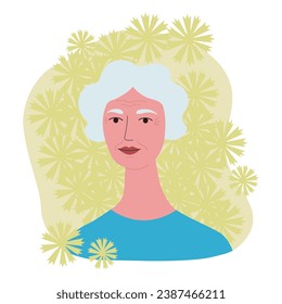 Elderly beautiful woman with gray hair hand drawn vector flat illustration. Background card for text with woman's face over 50, lifestyle, beauty and health adult women. Design element for print, card