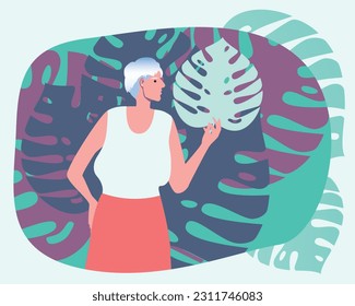 Elderly beautiful woman with monstera leaves as a concept of health and female beauty. flat vector stock illustration