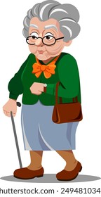 An elderly beautifully dressed woman in full growth walks leaning on a stick. An old woman with gray hair and a wrinkled face carries a handbag in her hand. Vector