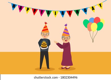 Elderly birthday vector concept: Happy old couple celebrating  the husband's birthday 