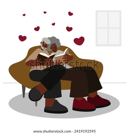 Elderly black couple is reading books while sitting on couch in house love vector  [[stock_photo]] © 