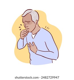 An elderly black man coughs. Disease, covid. unhealthy, Sickness, man unwell and coughing, have cold, sore throat suffering with symptom cough feeling bad. Hand drawn vector illustrations sketch style