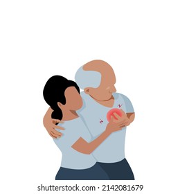 Elderly Black Man Put His Right Hand Over His Chest ,left Hand Rested On His Daughter's Shoulder. Young Woman Supporting Her Dad Who Has Pain In The Heart Area.Vector Isolate Flat Design Of Healthcare